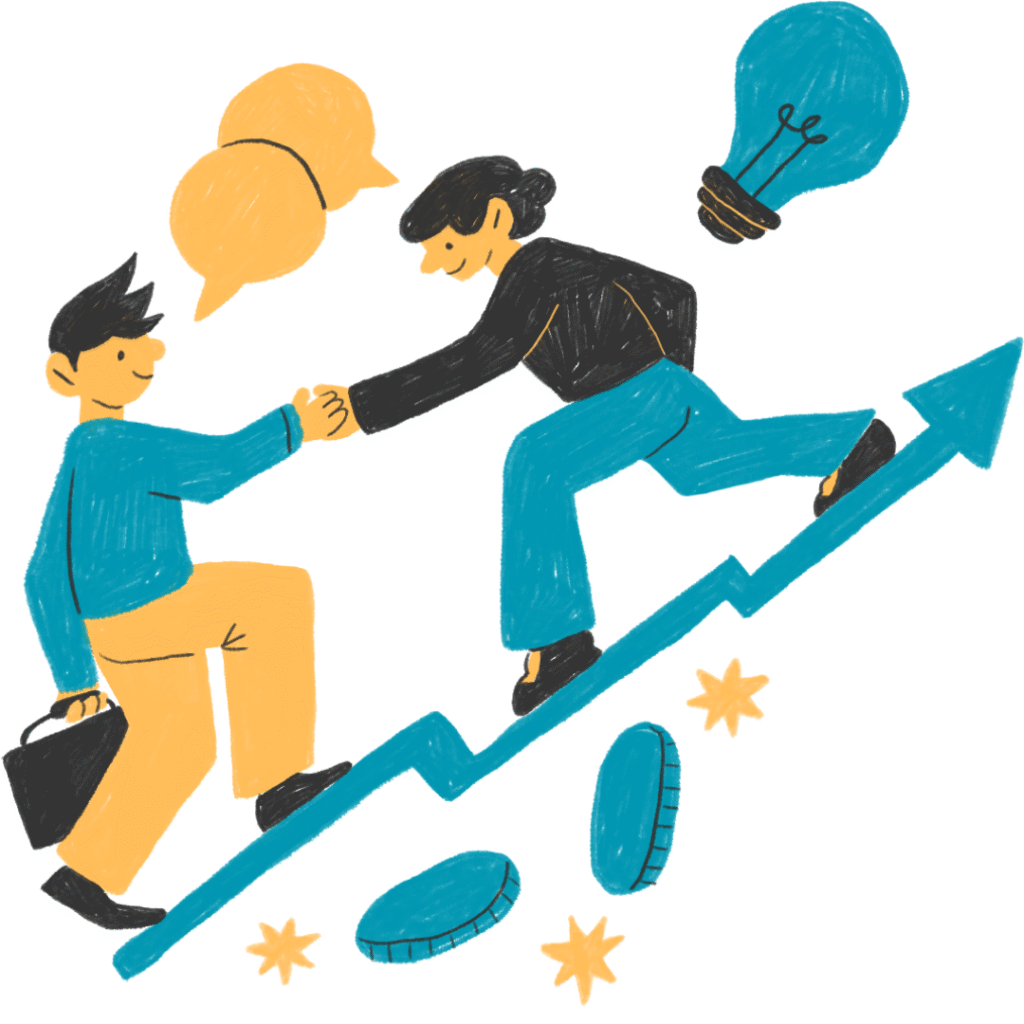 Illustration of two people shaking hands while climbing an upward arrow, symbolizing business growth, partnership, and success, with icons of coins, speech bubbles, and a light bulb in the background.