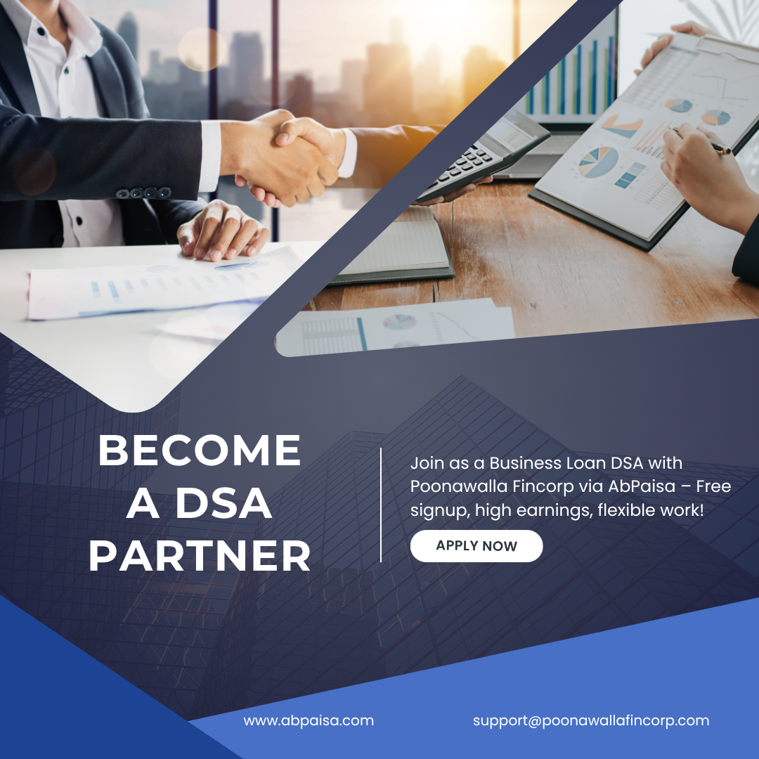 Promotional banner showing a handshake and business analytics with the text 'Become Business Loan DSA Partner' for Poonawalla Fincorp. Encourages users to register online for free, earn commissions, and work flexibly. Contact details and 'Apply Now' button visible.