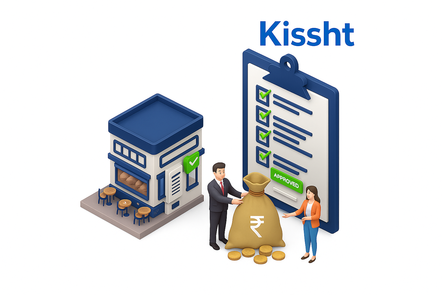 Illustration representing instant loan DSA services by Kissht. A man and woman stand beside a large money bag with the Indian Rupee (₹) symbol, indicating loan disbursement. Behind them is a checklist marked “Approved” with green checkmarks, symbolizing quick approval. A small shop or café with a green tick represents a business receiving funding. The Kissht logo appears at the top, highlighting instant loan DSA support for businesses.