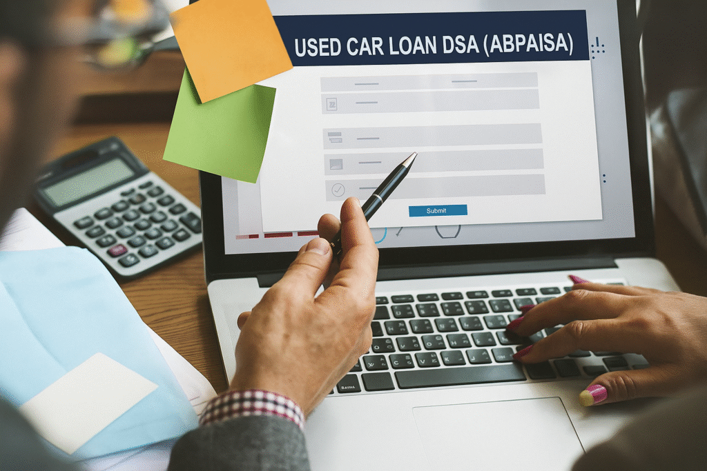 Two people registering online for a Used Car Loan DSA (Abpaisa) on a laptop, with one person pointing at the screen using a pen and the other typing.