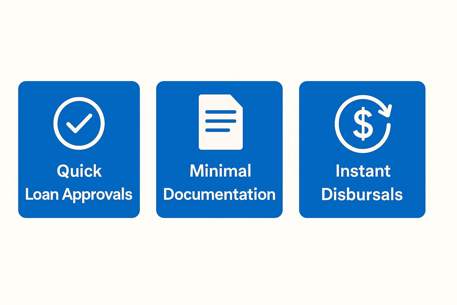 Infographic highlighting key benefits of an instant loan DSA service. It features three blue boxes with icons and text: a checkmark for "Quick Loan Approvals," a document icon for "Minimal Documentation," and a dollar sign with a circular arrow for "Instant Disbursals." The image emphasizes the efficiency and simplicity of the instant loan DSA process.